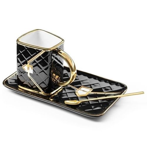 Tasse Sac À Main Avec Assiette Cuillere Mug Matelassé Noir Et Doré