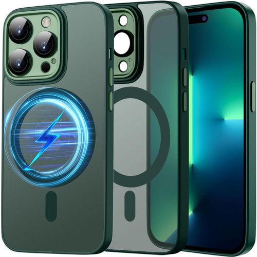 Coque Magnétique Pour Iphone 14 Pro Compatible Avec Magsafe, Protection D'objectif Tout Compris,Etui Translucide Mat Arrière Housse Fine Antichoc Case (Vert)