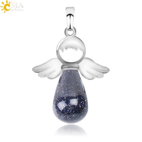 Blue Sand -Csja Ange Ailes Pendentif En Pierre Naturelle Pour Collier Quartz Rose Onyx Argent Couleur Goutte D'eau Pendentifs Femme