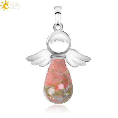 Unakite -Csja Ange Ailes Pendentif En Pierre Naturelle Pour Collier Quartz Rose Onyx Argent Couleur Goutte D'eau Pendentifs Femme Bi