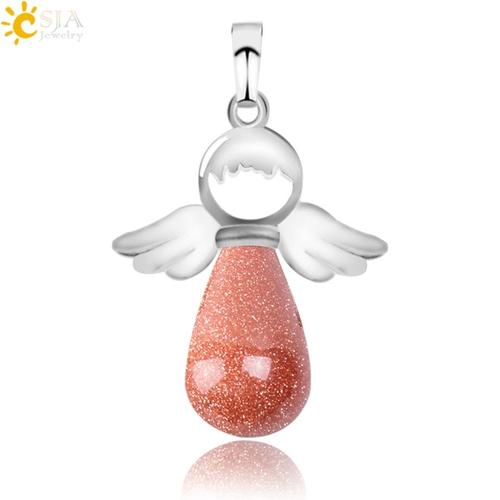 Brown Sand -Csja Ange Ailes Pendentif En Pierre Naturelle Pour Collier Quartz Rose Onyx Argent Couleur Goutte D'eau Pendentifs Femme