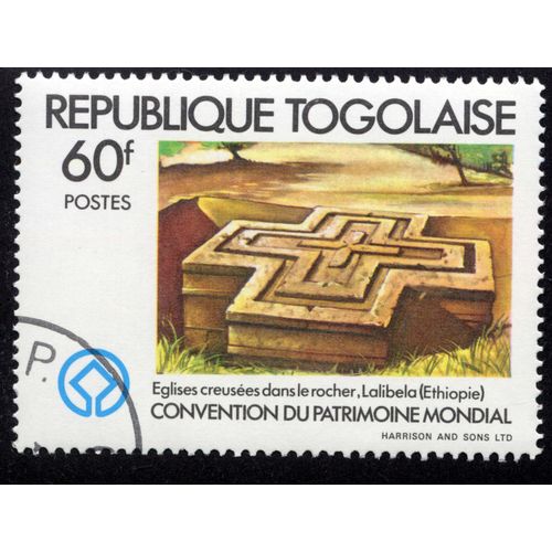 Timbre Églises Creusées Dans Le Rocher,Lalibela,Éthiopie,Convention Du Patrimoine Mondial,République Togolaise,60f,Postes