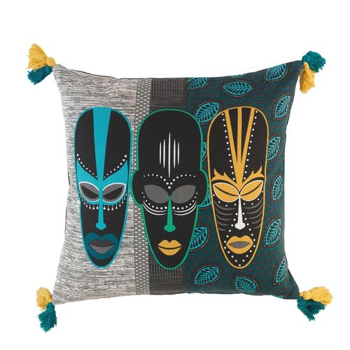 Coussin Déhoussable Pompons 45 Cm Coton Masque Totem