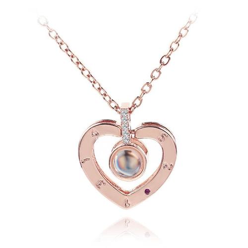 Necklace Women -Collier En C¿Ur,Pendentif Avec Projection Je T'aime,Couleur Rose/Argent,100 Langues Différentes,Collier De Maria