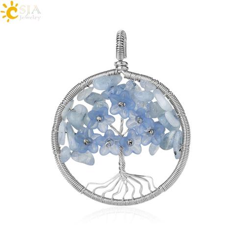 Aquamarine -Csja Collier Pendentif Arbre De Vie Pour Femmes,Pierre Naturelle,Couleur Argent,Enroulé De Fil,Cristal,Puce,Fleur,