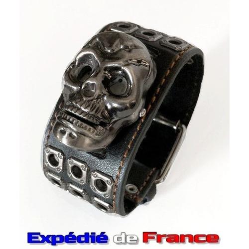 Imposante Montre Tête De Mort 3d / Crane À Couvercle + Rivet / Clous - Style Bracelet De Force Cuir Noir / Cafe Racer West Coast Choppers Biker Emo Punk Rock Harley Sons Of Anarchy Skull