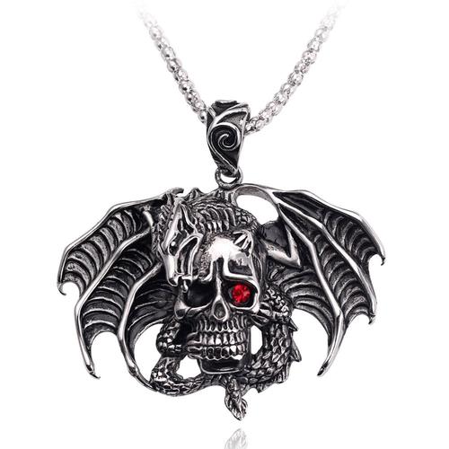 Red Eye Skull -Collier Vintage En Titane Et Acier Pour Hommes,Pendentif En Forme De Punk,Pour Halloween,Ange,Dragon,Crâne,Croi