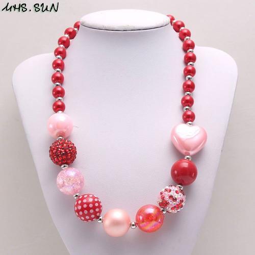 B -Collier De Perles À Gros C¿Ur Pour Filles,Cadeau De Saint Valentin,Rose/Rouge,Bijoux De Fête Pour Enfants,1 Pièces