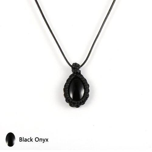 Black Onyx -Femmes Hommes Pierre Naturelle Oeil De Tigre Onyx Pendentif Ovale Collier Opale Charme Réglable Tour De Cou Ciré Corde C