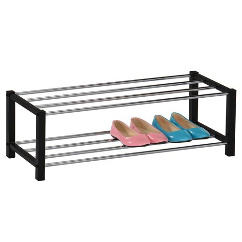 Étagère À Chaussures Dublin Rangement Porte-Chaussures Avec 2 Niveaux Pour 8 Paires En Métal Chromé Et Laqué Noir