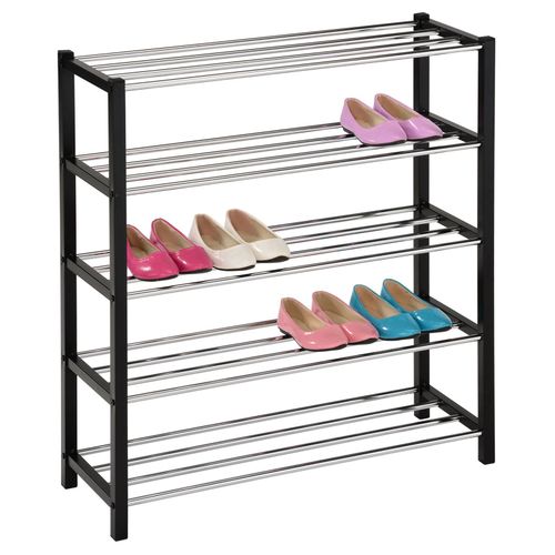 Etagère À Chaussures Dublin Rangement Porte-Chaussures Avec 5 Niveaux Pour 20 Paires En Métal Chromé Et Laqué Noir
