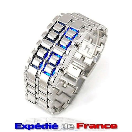 Montre Gourmette Homme Design Lava Iron Samouraï Affichage Digital À Led Bleu - Version Argentée / Chrome