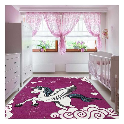 Tapis Enfant 80x150 Rectangle Tissé Fuchsia Lyn8 Licorne A