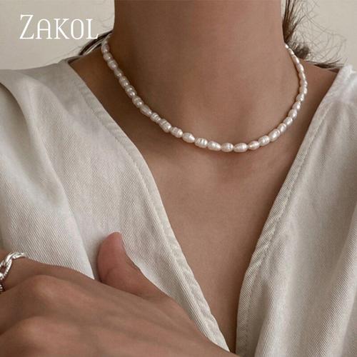 Style 8 -Zakol Nouveau Design Coréen Rétro Géométrique Naturel Perle Colliers Tempérament Métal Chaîne Tour De Cou Pour Les Filles C