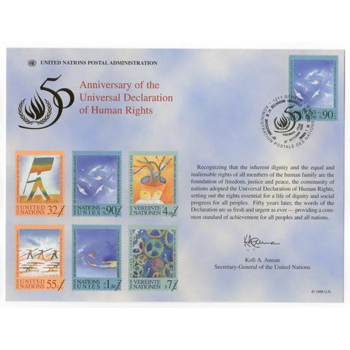 Nations Unies, Genève, Document Philatélique, Timbre Oblitéré Premier Jour, 1998 - 50 Ans De Déclaration Universelle Des Droits De L' Homme
