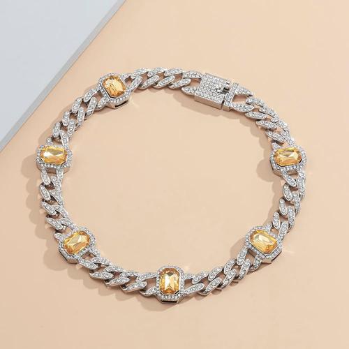 Yellow -Arc En Ciel Plein Glacé Strass Miami Gourmette Cubaine Collier Ras Du Cou Géométrique Carré Cristal Épais Collier Colliers B