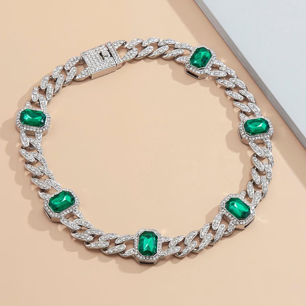 Green -Arc En Ciel Plein Glacé Strass Miami Gourmette Cubaine Collier Ras Du Cou Géométrique Carré Cristal Épais Collier Colliers Bi