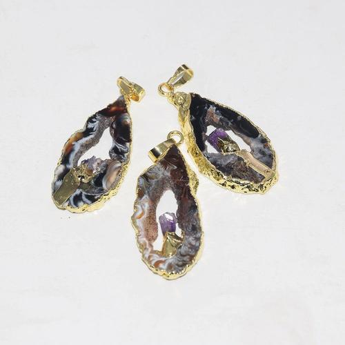 Couleur Or-Gris -Geode Naturelle Druzy Agates Tranche Pendentif Femme 2019 Noir Gris Polonais Dalle Druzy Pierre Pendentif Pour Femm