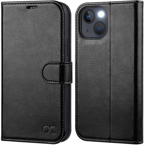 Coque Iphone 13 Pro Simili Cuir Rabat Noir Porte Carte