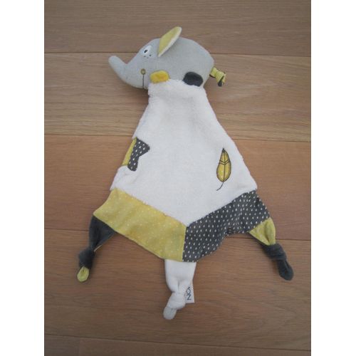 Doudou Plat Éléphant Babyfan Jaune Gris Sauthon