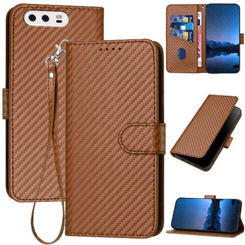 Flip Étui Pour Huawei P10 Cuir Premium Surface De Fibre De Carbone Avec Sangle Détachable Avec Fente Pour Carte Et Béquille - Le Brun