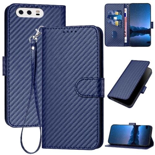 Flip Étui Pour Huawei P10 Cuir Premium Surface De Fibre De Carbone Avec Sangle Détachable Avec Fente Pour Carte Et Béquille - Bleu