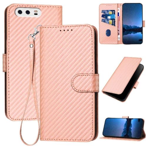 Flip Étui Pour Huawei P10 Cuir Premium Surface De Fibre De Carbone Avec Sangle Détachable Avec Fente Pour Carte Et Béquille - Couleur Rose