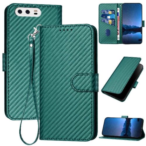 Flip Étui Pour Huawei P10 Cuir Premium Surface De Fibre De Carbone Avec Sangle Détachable Avec Fente Pour Carte Et Béquille - Vert Foncé
