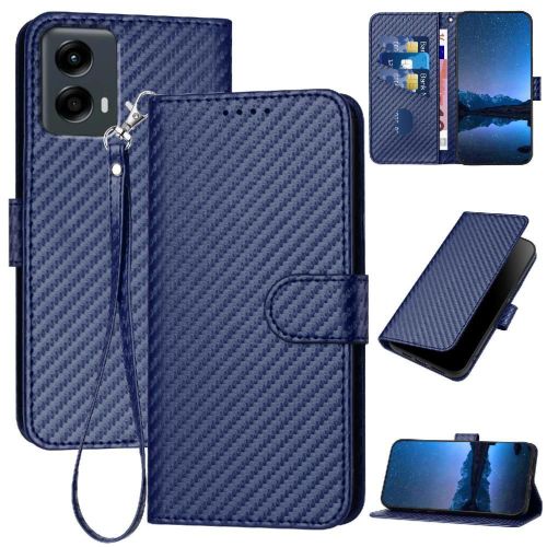 Flip Étui Pour Motorola Moto 5g 2024 Surface De Fibre De Carbone Avec Fente Pour Carte Et Béquille Avec Sangle Détachable Cuir Premium - Bleu