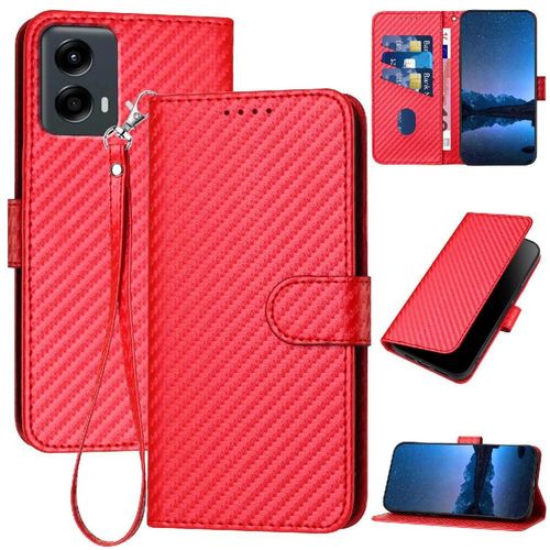 Flip Étui Pour Motorola Moto 5g 2024 Surface De Fibre De Carbone Avec Fente Pour Carte Et Béquille Avec Sangle Détachable Cuir Premium - Rouge