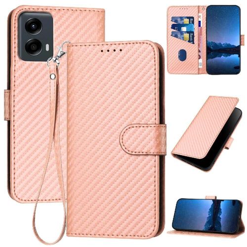 Flip Étui Pour Motorola Moto 5g 2024 Surface De Fibre De Carbone Avec Fente Pour Carte Et Béquille Avec Sangle Détachable Cuir Premium - Couleur Rose