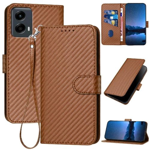 Flip Étui Pour Motorola Moto 5g 2024 Surface De Fibre De Carbone Avec Fente Pour Carte Et Béquille Avec Sangle Détachable Cuir Premium - Le Brun