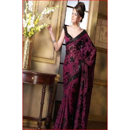 ***Sari Indien Mariage Encolure Princesse Neuf Framboise Métalisée/Noir Taille 36/38 Takchita Kabyle Keswa Robe Orientale Algerienne***