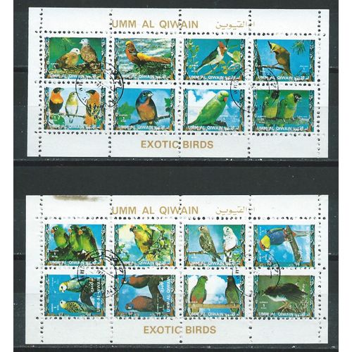 Umm Al Qiwain Lot De 2 Blocs De 8 Timbres Oblitérés Oiseaux Exotiques 1972