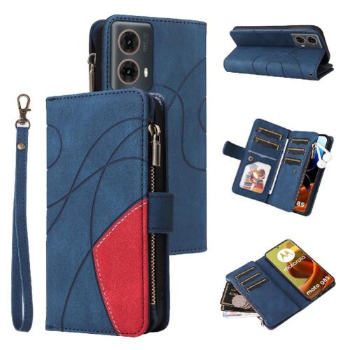 Étui Pour Motorola Moto G85 5g Bicelle De Protection Portefeuille À Fermeture Éclair Style Couture À Deux Couleurs Neuf Fentes Pour Cartes Avec Support De Fente Pour Carte - Bleu