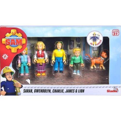 Set 5 Figurines Famille De Sam Le Pompier Charlie, Gwendolyn, James, Sarah, Chat - Personnages Et Animaux Articulées Jouet Garçon