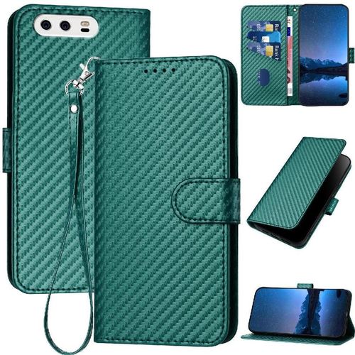 Flip Étui Pour Huawei P10 Cuir Premium Avec Sangle Détachable Surface De Fibre De Carbone Avec Fente Pour Carte Et Béquille - Vert Foncé