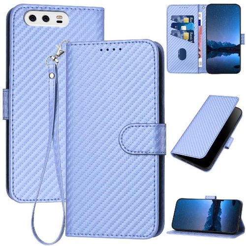 Flip Étui Pour Huawei P10 Cuir Premium Avec Sangle Détachable Surface De Fibre De Carbone Avec Fente Pour Carte Et Béquille - Violet
