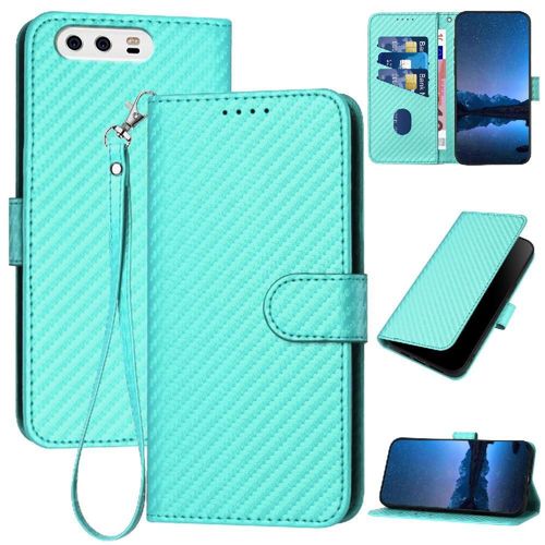 Flip Étui Pour Huawei P10 Cuir Premium Avec Sangle Détachable Surface De Fibre De Carbone Avec Fente Pour Carte Et Béquille - Vert