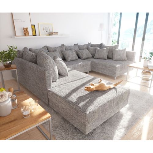 Canapé Clovis Gris Clair Tissu Structuré Avec Tabouret Canapé Panoramique Modulable