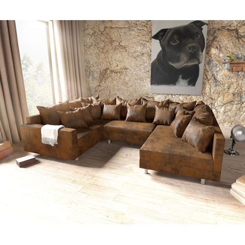 Canapé Clovis Canapé Panoramique Modulaire Marron Look Antique Avec Accoudoirs