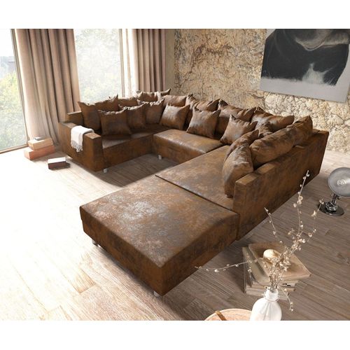 Canapé Clovis Canapé Panoramique Canapé Modulable Marron Look Antique Avec Tabouret Et Accoudoirs