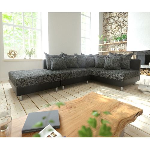 Canapé-Angle Clovis Noir Avec Tabouret Ottoman Droite Canapé D'angle Modulaire