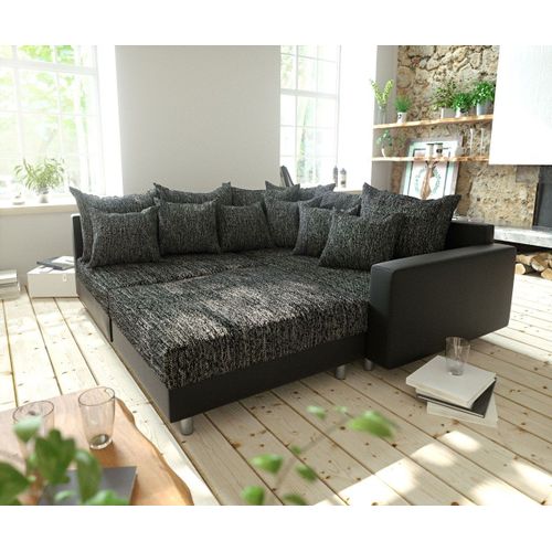 Canapé-Angle Clovis Noir Avec Tabouret Et Accoudoir Ottoman Droite Canapé D'angle Modulaire