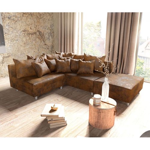 Canapé-Angle Clovis Marron Aspect Antique Avec Tabouret Ottoman Droite Canapé D'angle Modulaire