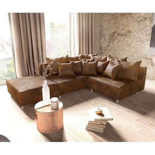 Canapé-Angle Clovis Marron Aspect Antique Avec Tabouret Ottoman Gauche Canapé D'angle Modulaire