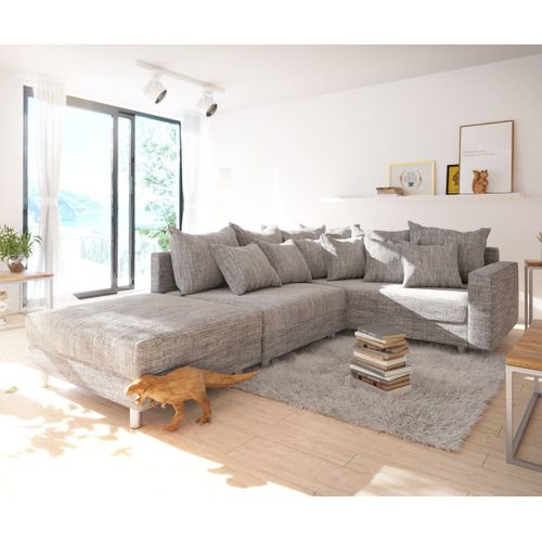 Canapé-Angle Clovis Tissu Structuré Tabouret Gris Clair Accoudoir Ottoman Droite Modulaire