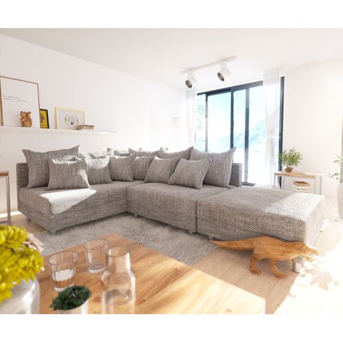 Canapé-Angle Clovis Tissu Structuré Gris Clair Avec Tabouret Ottoman Gauche Modulaires