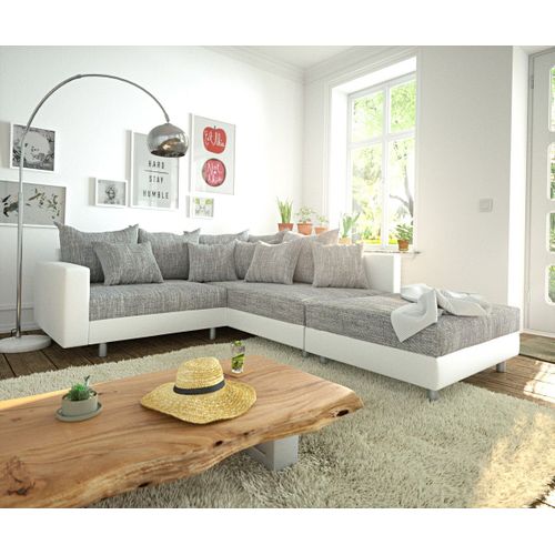 Canapé-D'angle Clovis Tabouret Blanc Gris Clair Accoudoir Pouf Canapé D'angle Droit Canapé Modulable