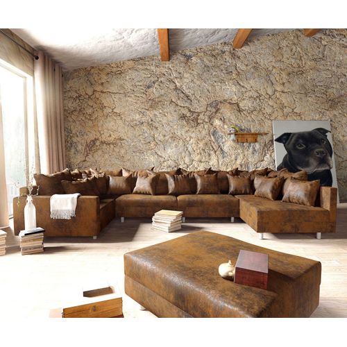 Canapé Clovis Xl Marron Tabouret Look Antique Accoudoir Canapé Panoramique Modulable